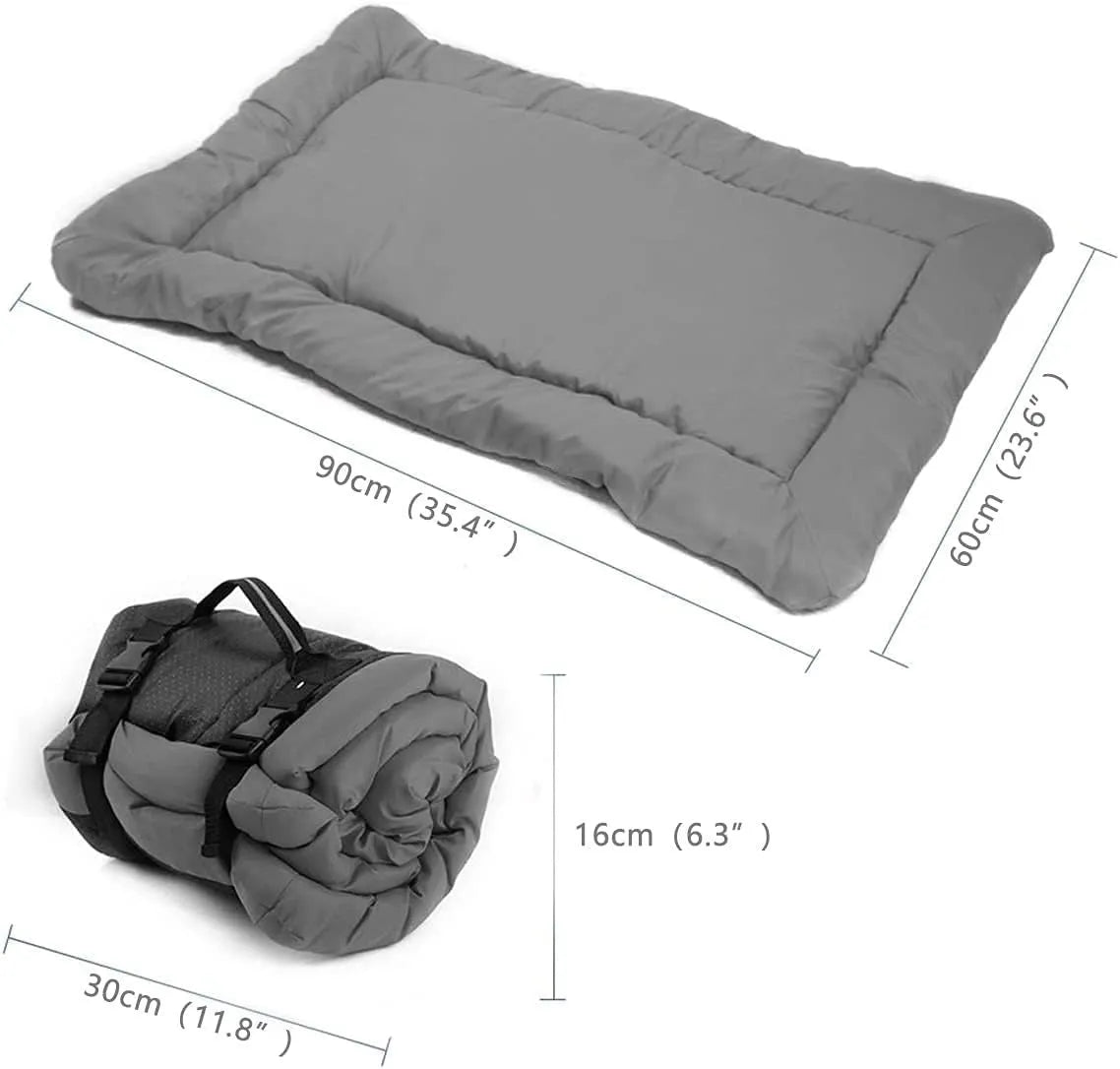 Blue foldable outdoor dog bed shown both open and folded with nylon buckles, on a grassy background.