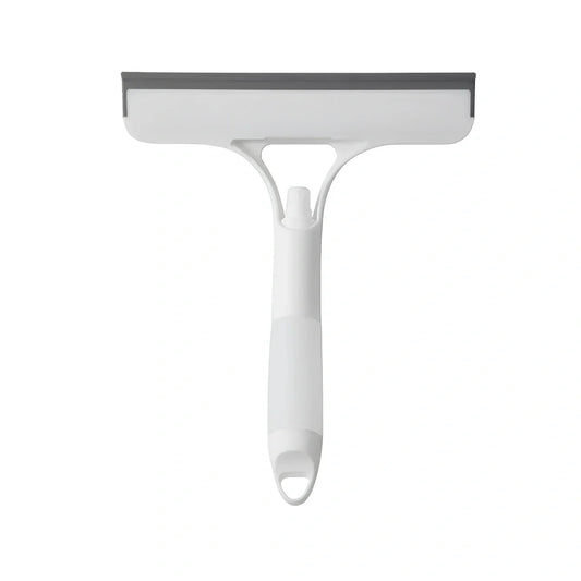 Double-sided plastic glass scraper in sky blue, 15cm long for removing household water stains