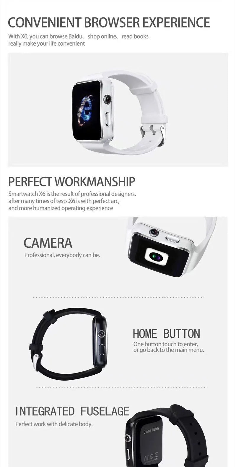 Smart watch with 1.54-inch touch screen display and silicone strap in black, gold, or white colours