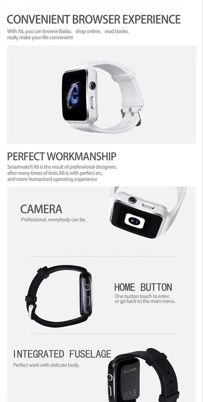 Smart watch with 1.54-inch touch screen display and silicone strap in black, gold, or white colours