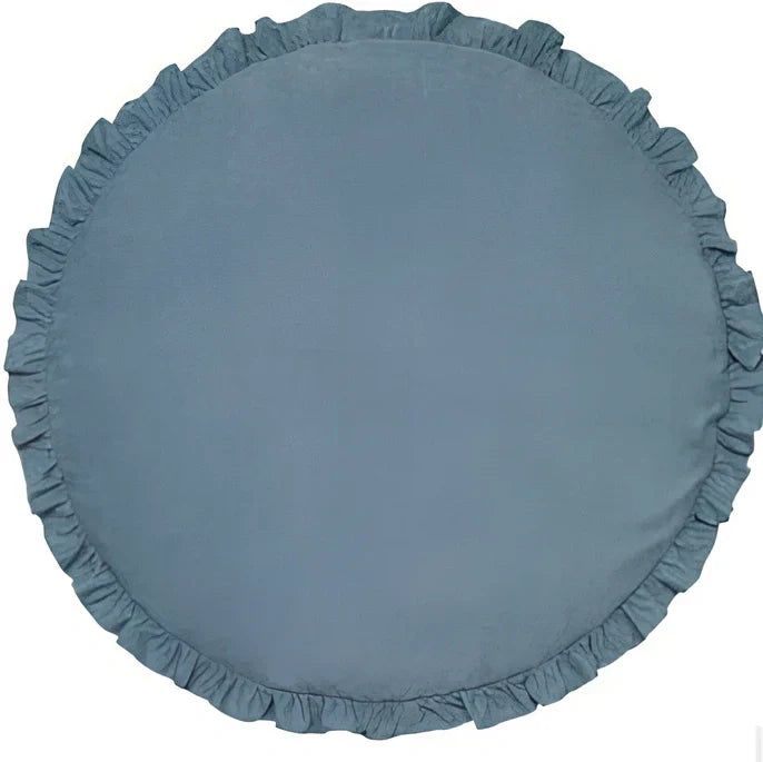 Circular baby play mat with lace border showing 2cm thickness measurement