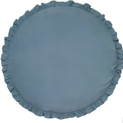 Circular baby play mat with lace border showing 2cm thickness measurement