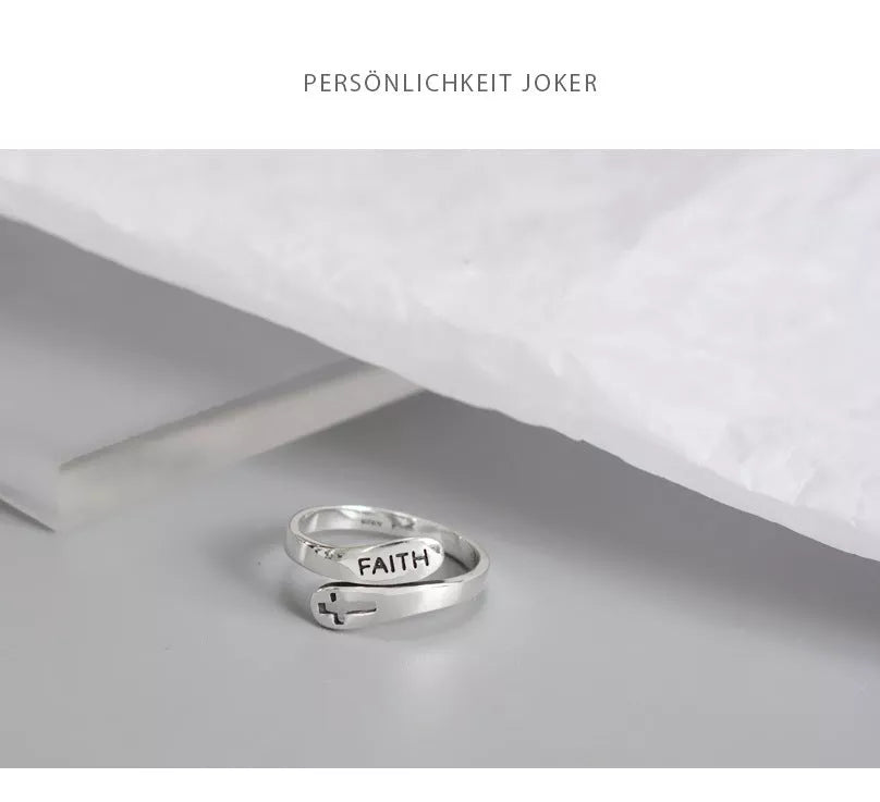 Adjustable English Letter Hollow Belief Ring in silver with unique hollow design