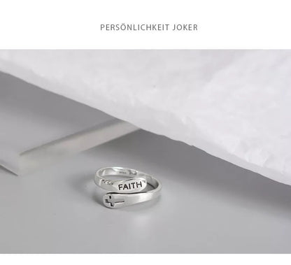 Adjustable English Letter Hollow Belief Ring in silver with unique hollow design