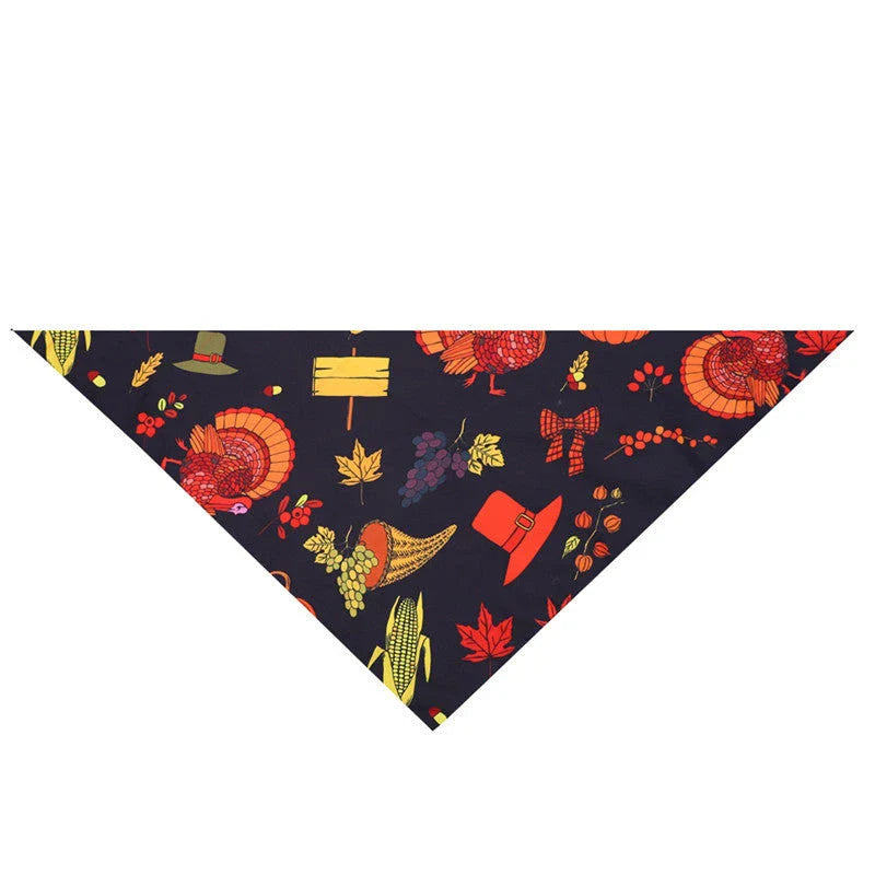 Cozy Thanksgiving-themed pet collar made of absorbent cloth material to catch drool and prevent messes during the holiday festivities.