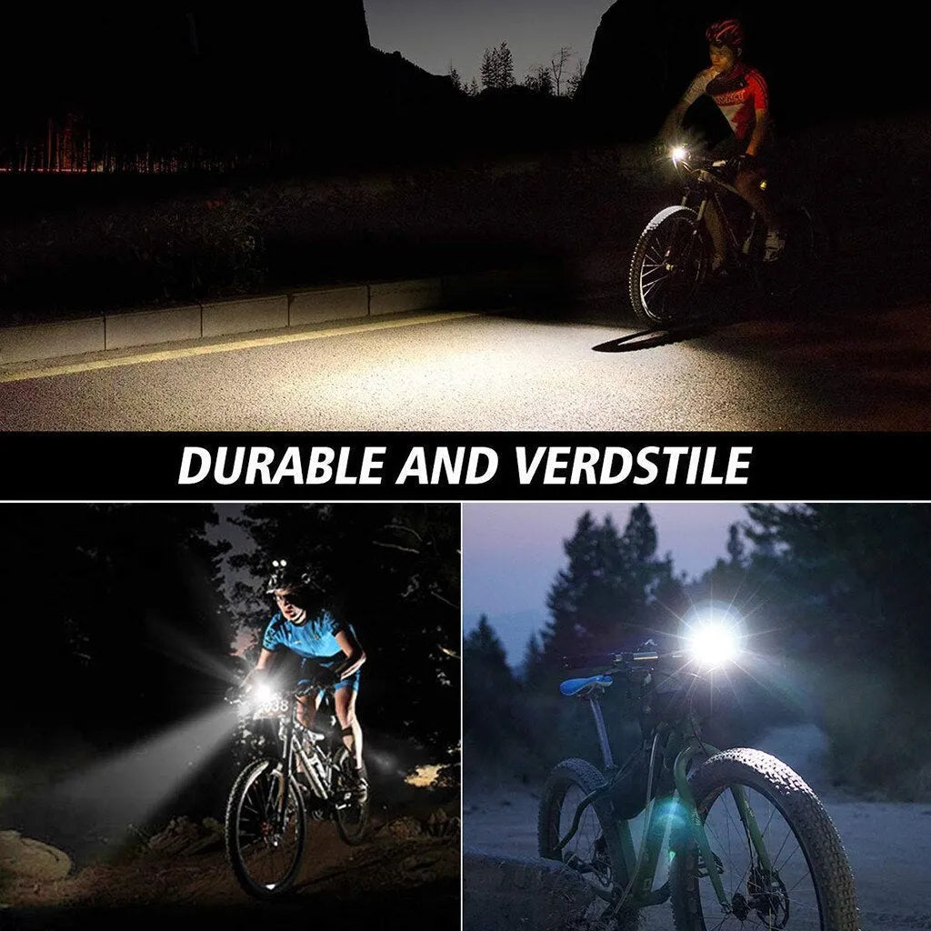 Black bicycle front light set with XPG 350 lumens bulb, 1200mAh battery, and light sensor mode, packing size 6.5*8.5*11.5CM