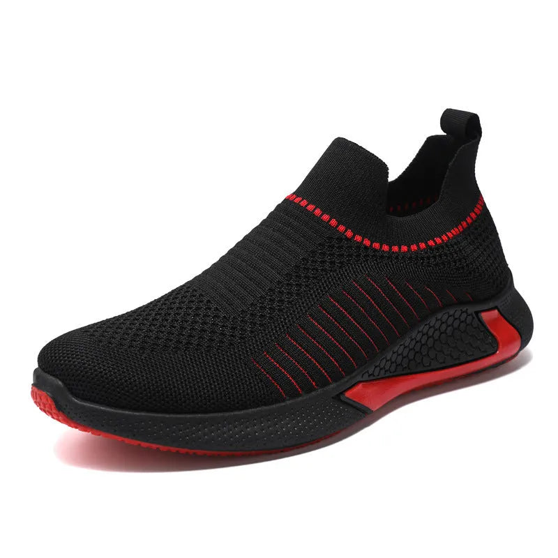 Men's black and white striped mesh slip-on sneakers with lace-up front.