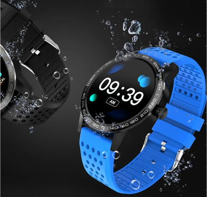 Black smart bracelet with colour screen displaying heart rate and fitness data on a wrist