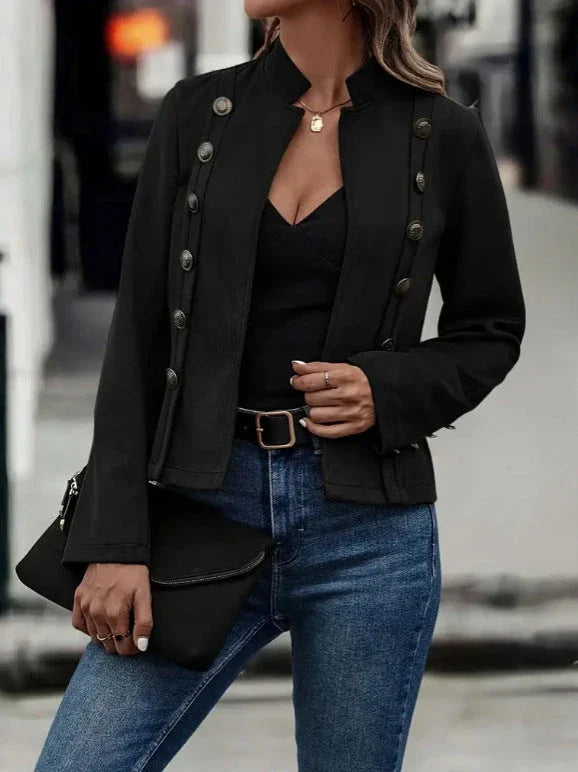 Stylish double-breasted suede jacket for women in dark brown and black colors