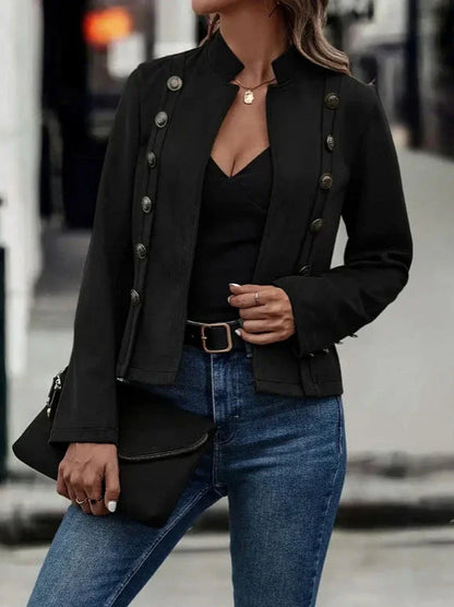 Stylish double-breasted suede jacket for women in dark brown and black colors