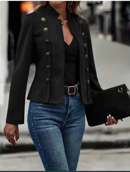 Stylish double-breasted suede jacket for women in dark brown and black colors