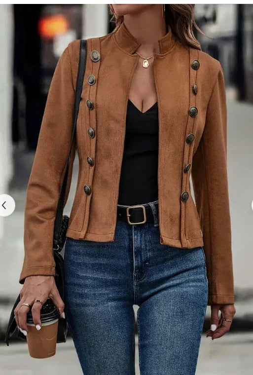 Stylish double-breasted suede jacket for women in dark brown and black colors