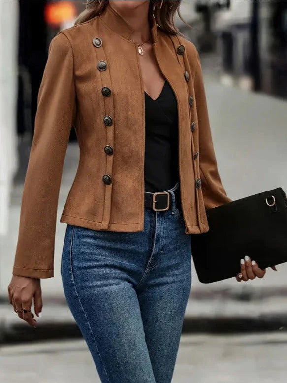 Stylish double-breasted suede jacket for women in dark brown and black colors