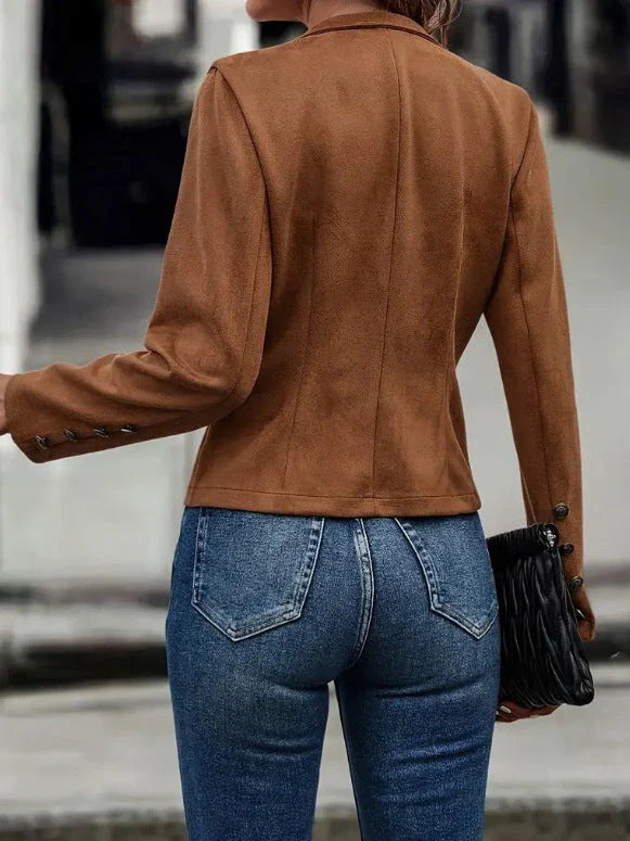 Stylish double-breasted suede jacket for women in dark brown and black colors