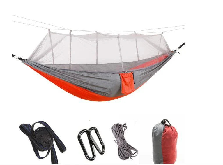 Lightweight and portable parachute hammock with mosquito net for outdoor relaxation