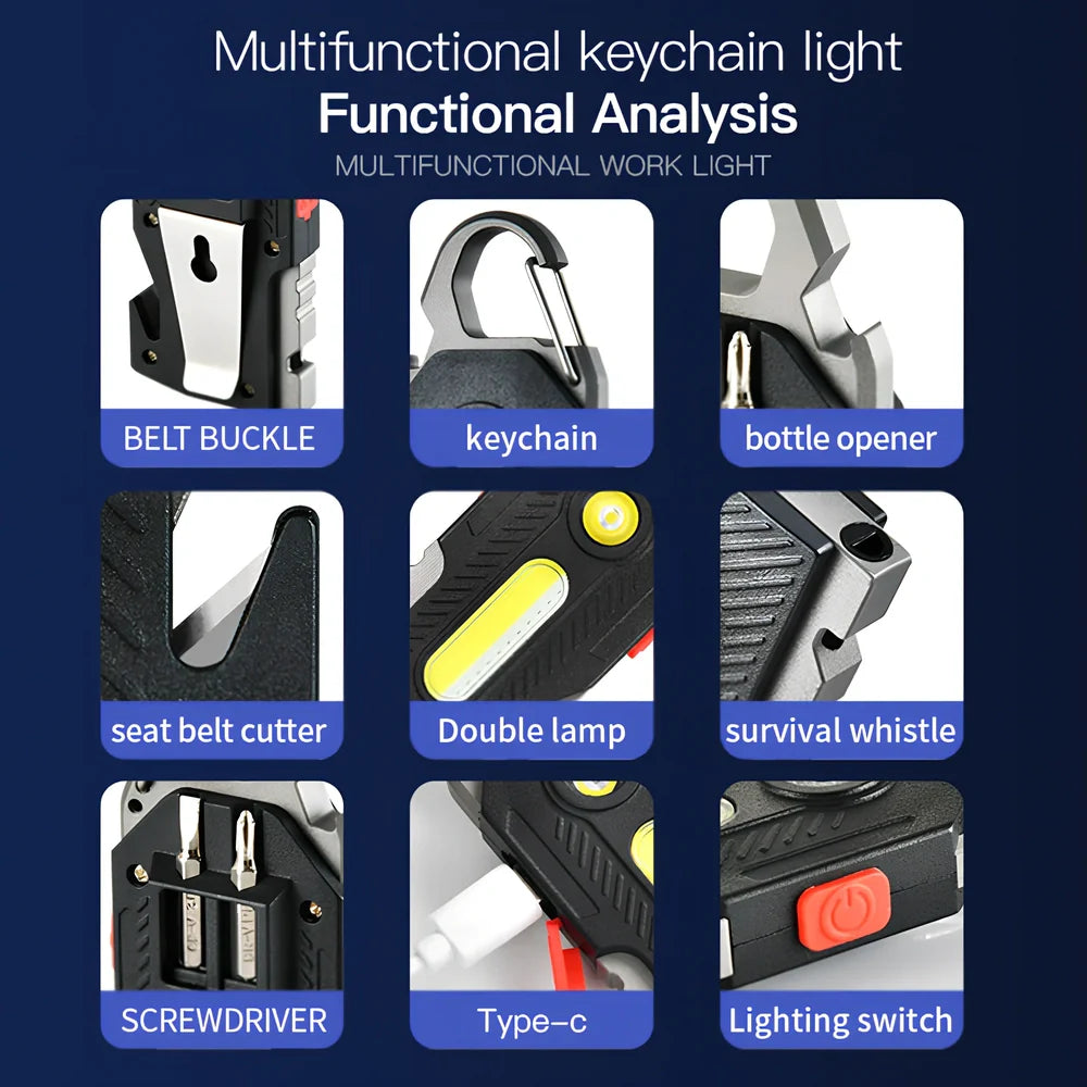 Multifunctional emergency light showing aluminium construction, tools, and 400LM COB lighting