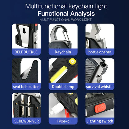 Multifunctional emergency light showing aluminium construction, tools, and 400LM COB lighting
