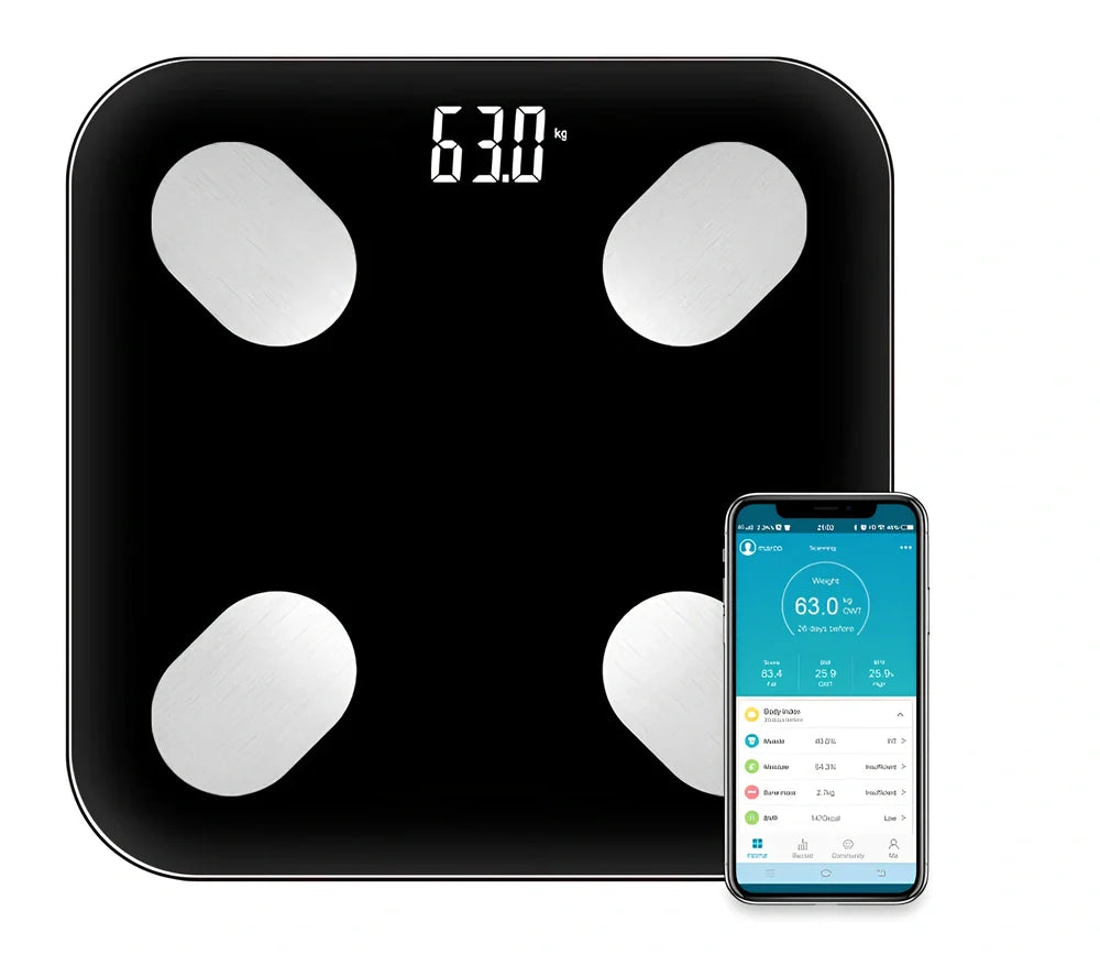 White Bluetooth body fat scale, 260 x 260 mm platform, measures weight water fat calories