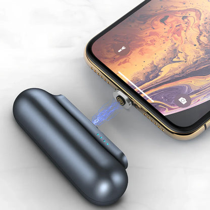 Black and white magnetic mini power bank showing compact dimensions and interchangeable charging heads