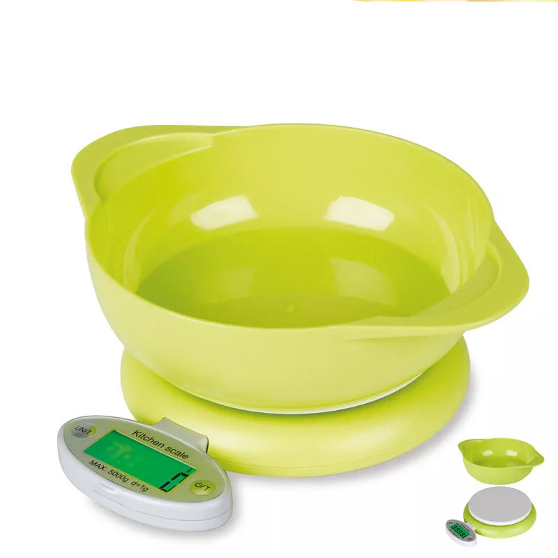 Green multifunctional kitchen baking scale with 5kg capacity and precise measurements