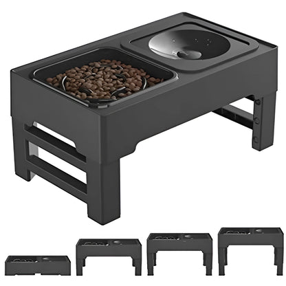 Adjustable elevated dog bowl set with slow feeder and water bowl on a stand with foldable legs