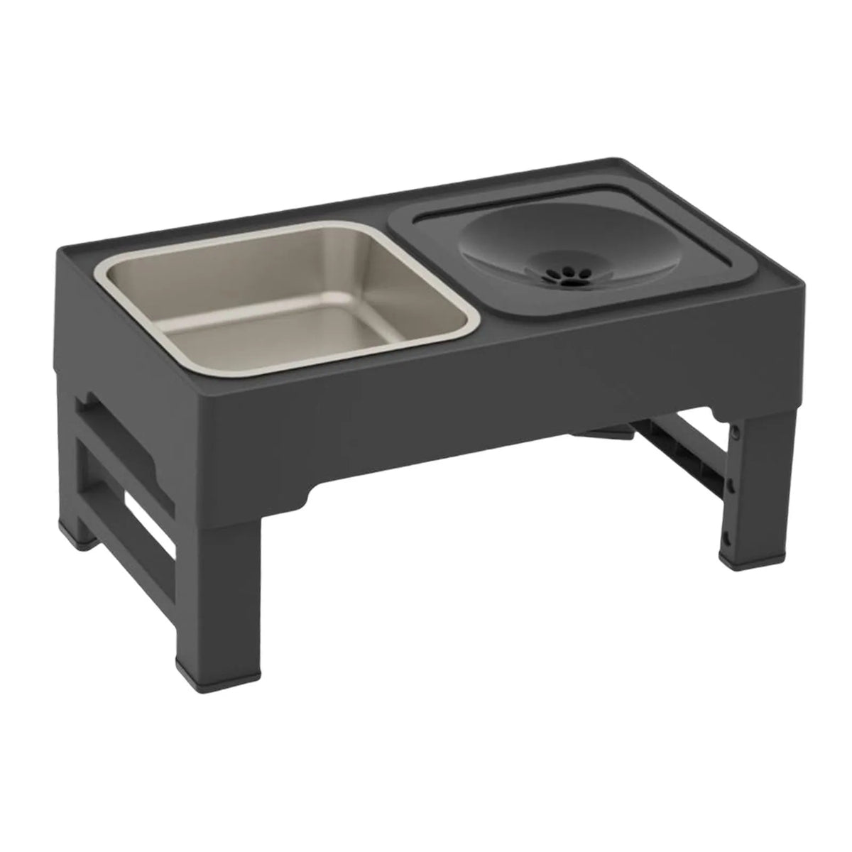 Adjustable elevated dog bowl set with slow feeder and water bowl on a stand with foldable legs