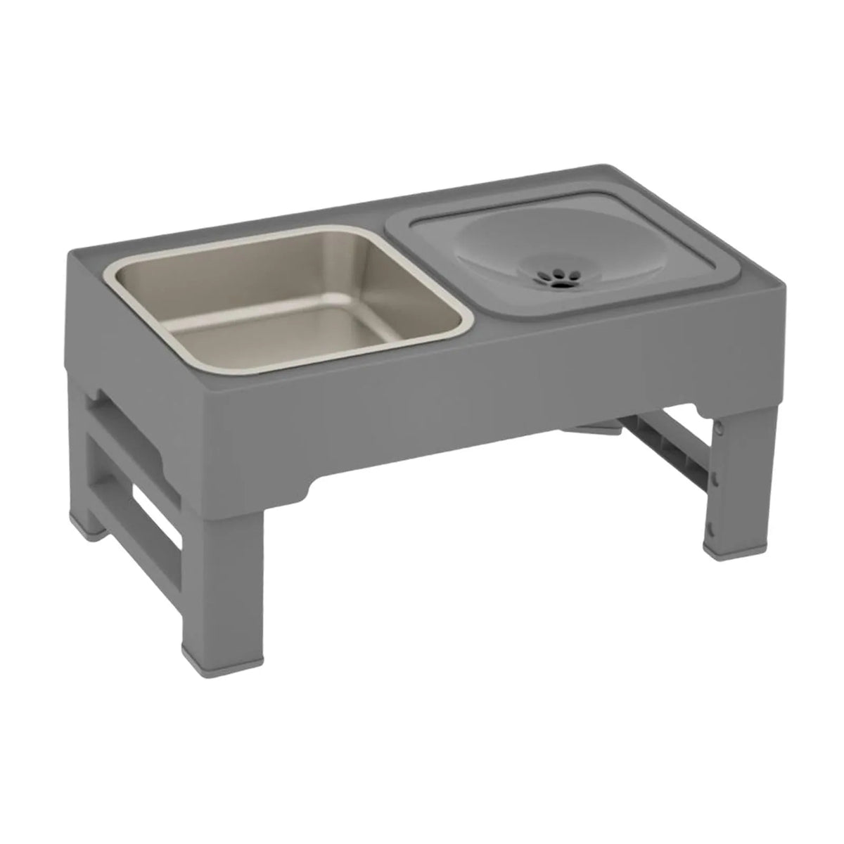 Adjustable elevated dog bowl set with slow feeder and water bowl on a stand with foldable legs