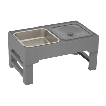 Adjustable elevated dog bowl set with slow feeder and water bowl on a stand with foldable legs