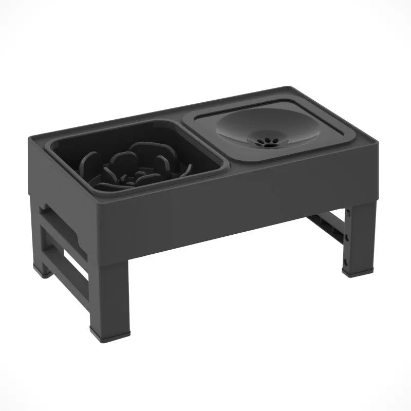 Adjustable elevated dog bowl set with slow feeder and water bowl on a stand with foldable legs