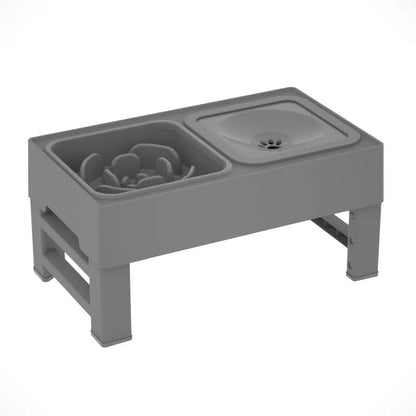Adjustable elevated dog bowl set with slow feeder and water bowl on a stand with foldable legs