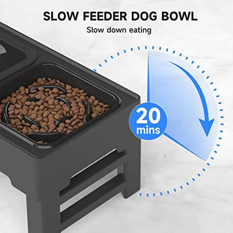 Adjustable elevated dog bowl set with slow feeder and water bowl on a stand with foldable legs