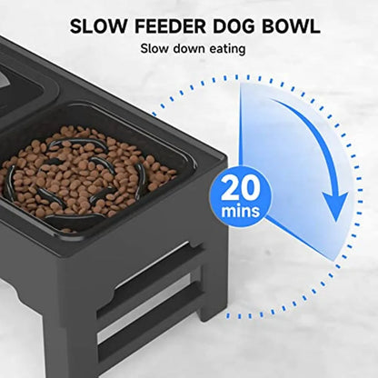 Adjustable elevated dog bowl set with slow feeder and water bowl on a stand with foldable legs