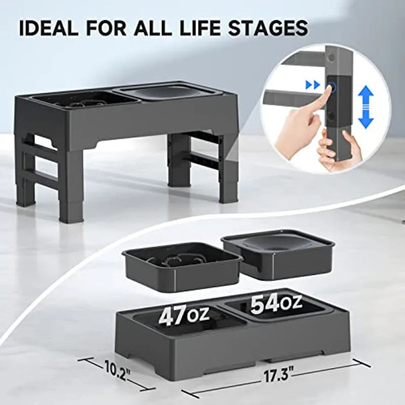Adjustable elevated dog bowl set with slow feeder and water bowl on a stand with foldable legs