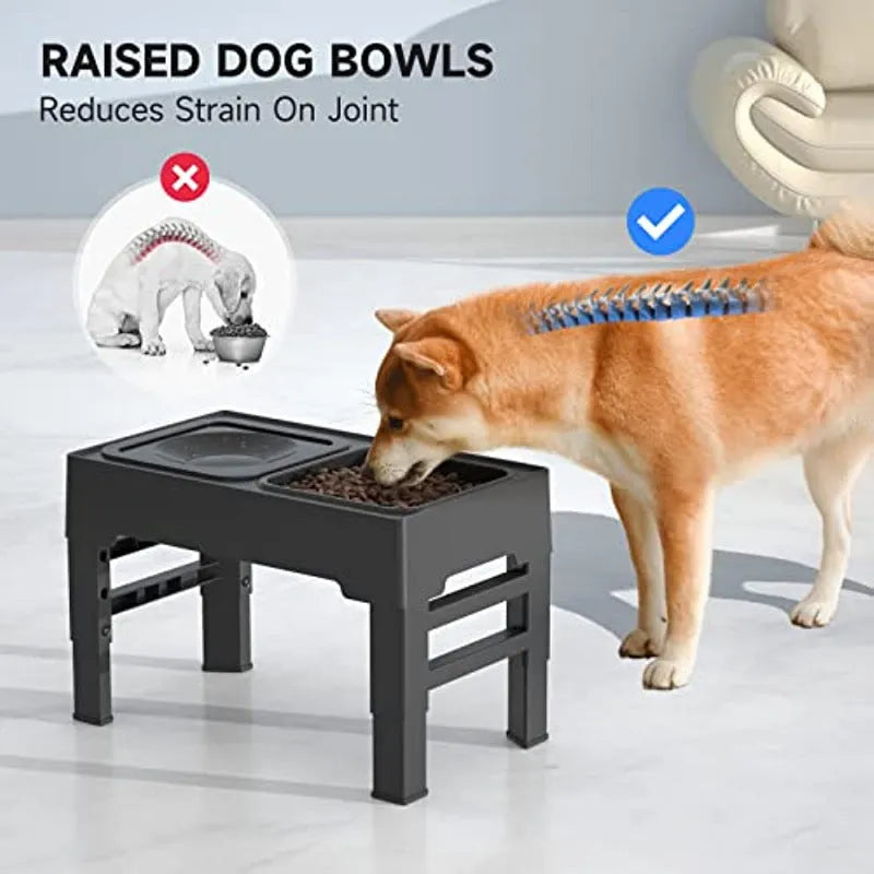 Adjustable elevated dog bowl set with slow feeder and water bowl on a stand with foldable legs