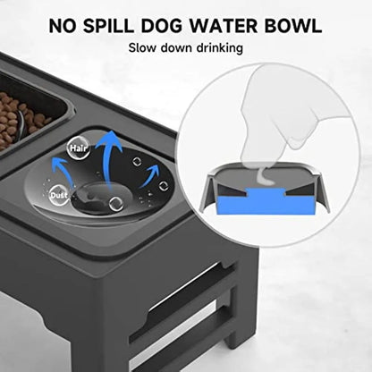 Adjustable elevated dog bowl set with slow feeder and water bowl on a stand with foldable legs
