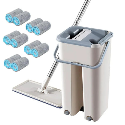 Blue wooden floor lazy mop with bucket, microfibre flat head, aluminium rod, and 360-degree rotation