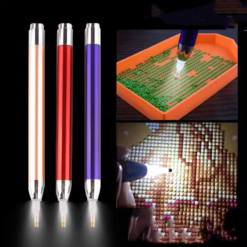 Luminous aluminium alloy diamond painting drill pen in blue, gold, or red colour