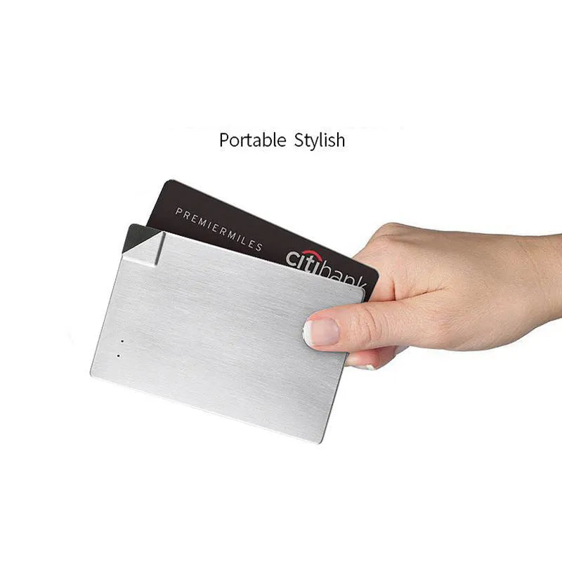 Silver graphene battery power bank showing slim 4mm profile with charging port