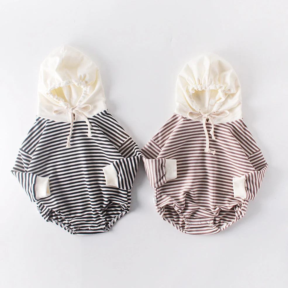 Striped baby climbing suit with hood and triangle design for crawling