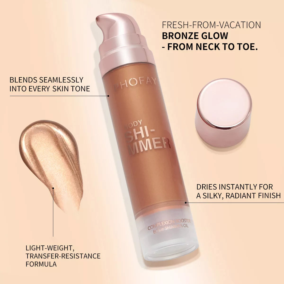 PHOFAY Body Shimmer Oil bottle with shimmering liquid inside, 25 ML size