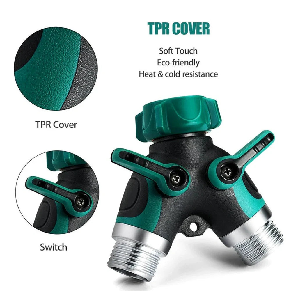 Green Y-type plastic fluid splitter with aluminium-plated copper inlet and zinc alloy outlets measuring 94x91x55mm