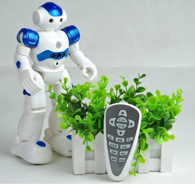 A remote-controlled robot toy with music and dance features, designed for children's entertainment and engagement.