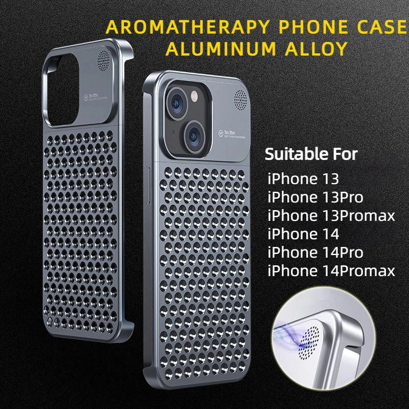 Aluminum alloy iPhone case with hollow design for heat dissipation and built-in aromatherapy tablet