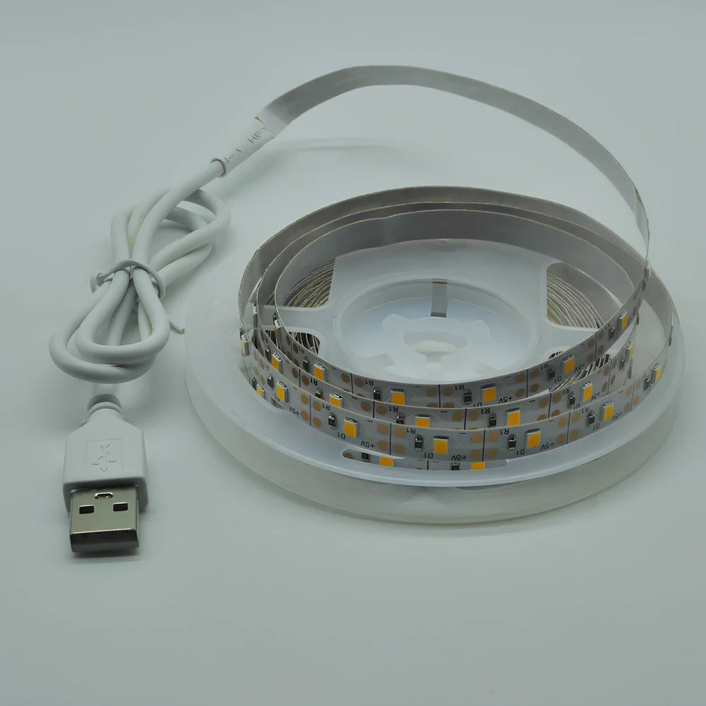 USB-powered LED light strip with 60 beads per metre showing RGB colours and dimming controller