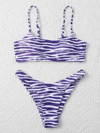 Ladies two piece bikini set with striped pattern in eight colours, sizes S to XL