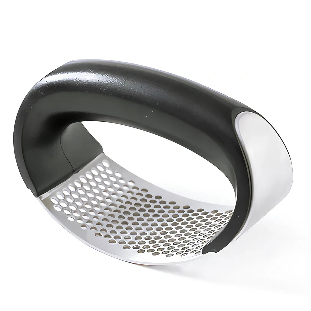 Stainless steel garlic press with uniform mincing holes measuring 10.5cm in length