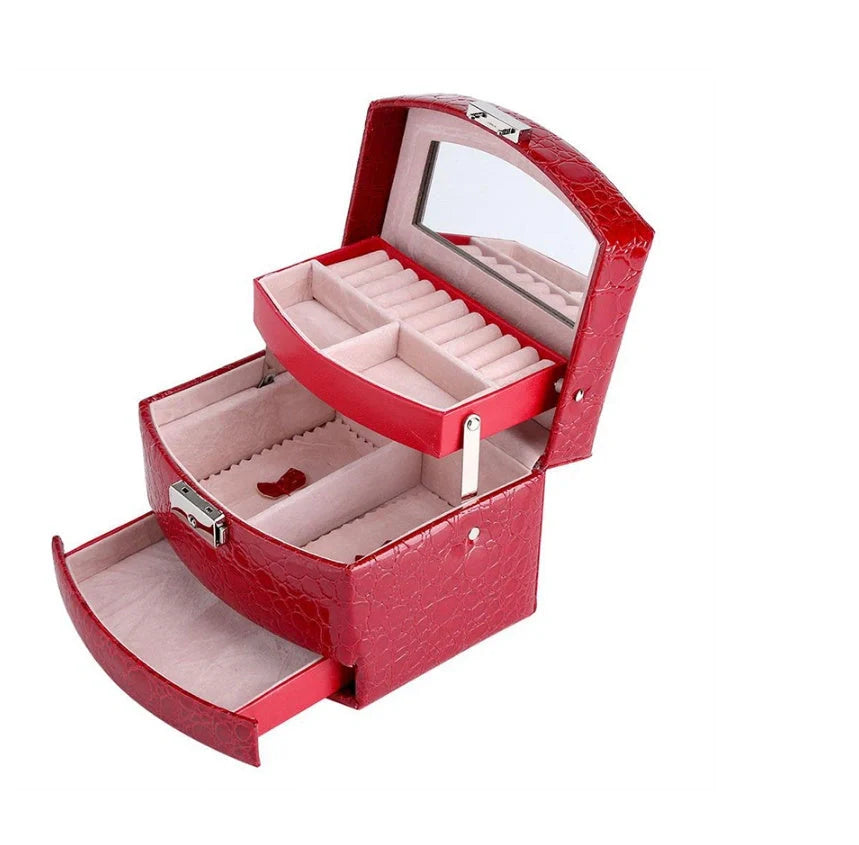 3-layer leather jewelry box with mirror for makeup and accessory organization