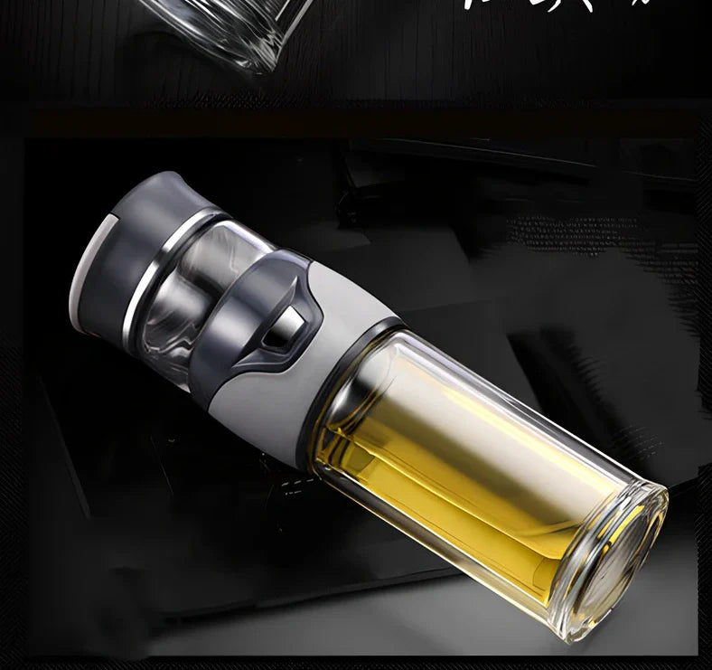 Stainless steel tea separation cup with one-button mechanism showing straight cup design and multiple colour options