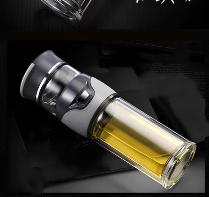 Stainless steel tea separation cup with one-button mechanism showing straight cup design and multiple colour options