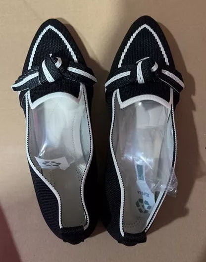 Women's pointed toe bow flat shoes with woven slip-on design in various colors